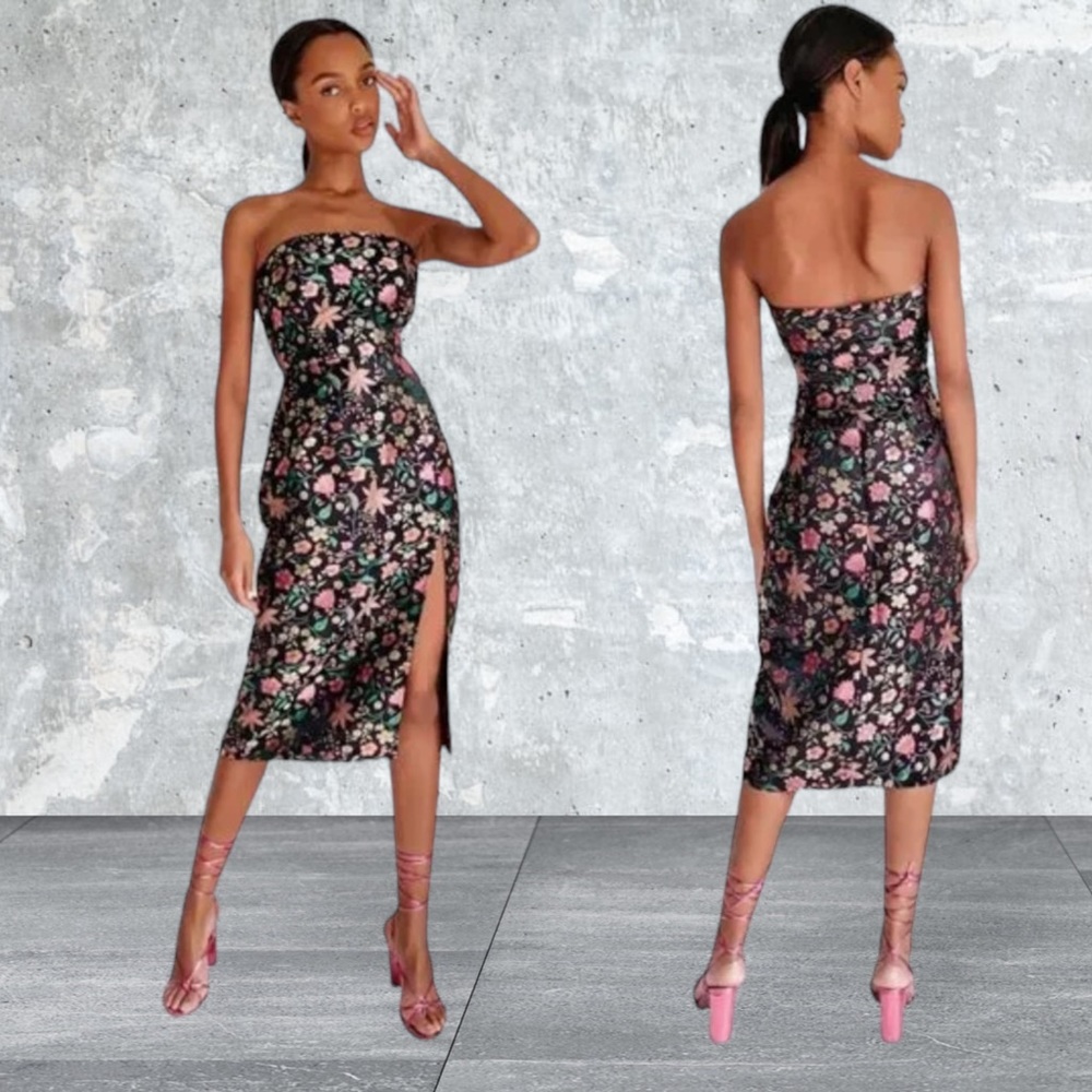 NWT 
Lulus Make a Move Black Satin Floral Jacquard Strapless Midi Dress